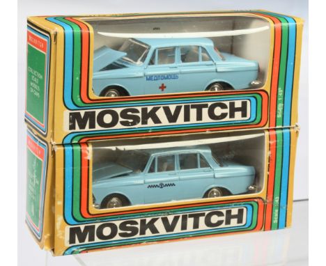 Russian made (USSR) Moskvitch&nbsp; (1/43rd) A Pair -(1) Light Blue "T", (2) same but "Red Cross" sides&nbsp; - See-Photo&nbs