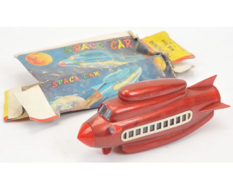 Hong Kong plastic Space Car, red with white details, friction powered, remnants of a Poor box, MISSING one light and damage t