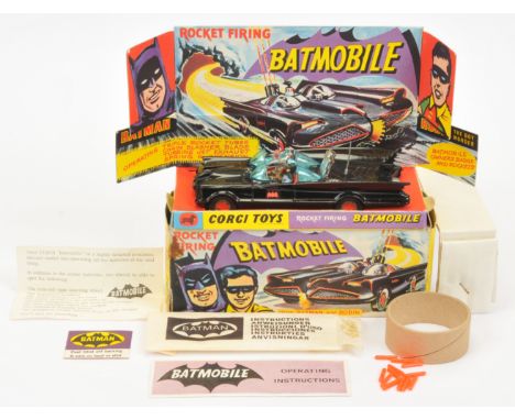 Corgi Toys 267 "Batman" - Batmobile - Gloss black body, blue windows, red interior with "Batman &amp; Robin" figures, bat hub