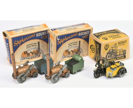 Morestone "AA" Motorcycle and sidecar - Yellow and black, Benbros A Pair - (1) Rocket Train - Metallic light bronze, metallic