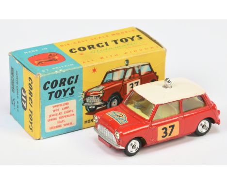 Corgi Toys 317 Morris Mini Cooper "Rallye Monte Carlo" - red body white roof with chrome spot-light, lemon interior, silver t