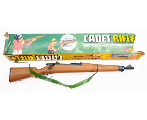 Marx Cadet Rifle, plastic, untested, bolt action, ejects cartridge, cap firing, within Fair Plus box, view finder has snapped