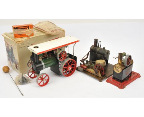 Mamod Steam Tractor, green, has been fired, untested, within Fair original box; plus two steam engines, (untested) surface co