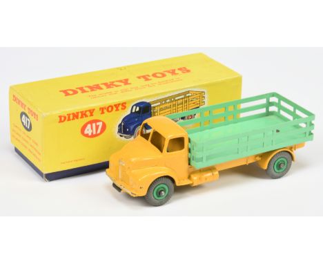 Dinky Toys 417 Leyland Comet Lorry - Yellow cab and chassis, pale green stake back, mid-green supertoy hubs with grey treaded