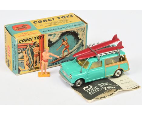 Corgi toys 485 Austin Mini Countryman "Surfing" - Turquoise, yellow interior, silver trim, serial, spun hubs, chrome rack wit