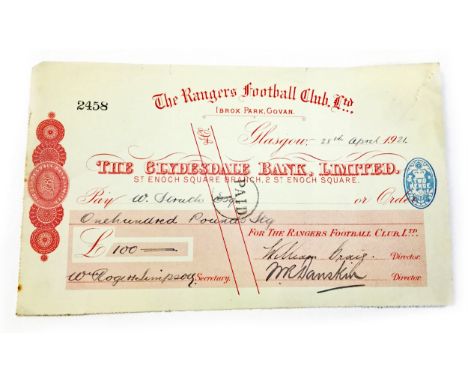 T HE RANGERS FOOTBALL CLUB LTD CHEQUE MADE PAYABLE TO W. STRATH ESQ, for the sum of £100, signed by secretary W Rogers Simpso