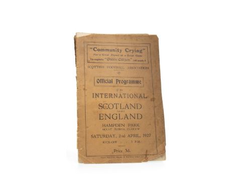 SCOTLAND V ENGLAND FOOTBALL PROGRAMME FOR SATURDAY 2ND APRIL, 1927, the match played at Hampden Park, Mount FLorida, 3PM, ori