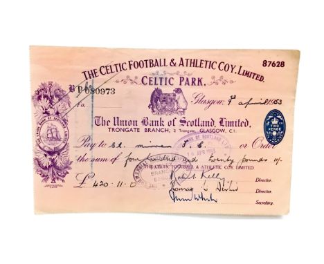 CELTIC FOOTBALL &amp; ATHLETIC COY. LIMITED CHEQUE, made payable to St. Mirren Football CLub, for the sum of £420 eleven shil