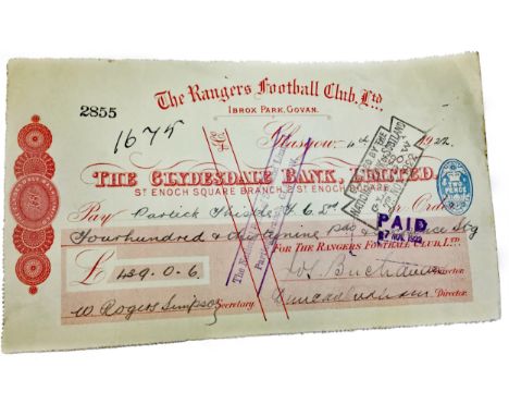 THE RANGERS FOOTBALL CLUB LTD CHEQUE MADE PAYABLE TO PARTICK THISTLE F.C. , for the sum of £439.06, signed by secretary W. Ro
