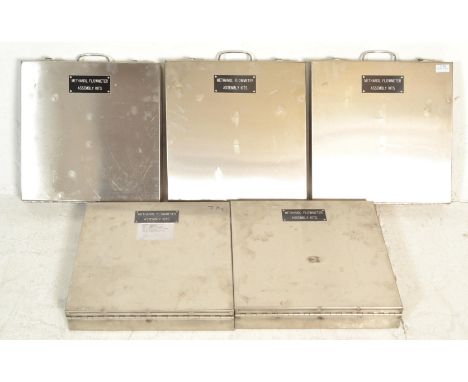 A set of five 20th Century retro vintage industrial scientific medical heavy duty storage cases constructed from stainless st