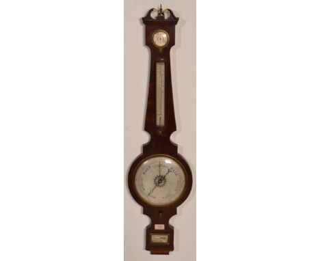 A 19th century George III mahogany banjo barometer by Lombardini of Bristol. The mercury barometer with silvered dial and gau