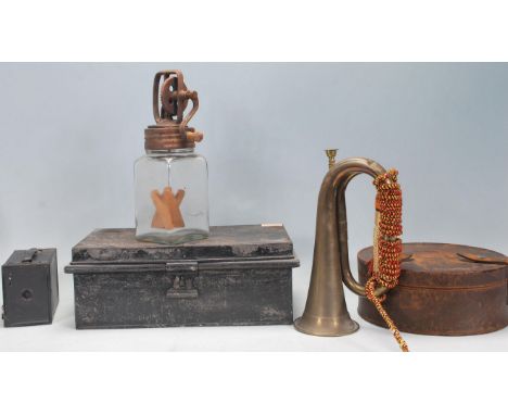 A mixed collection of Vintage 20th Century items to include a brass&nbsp;military bugle horn having tassels, metal black pain