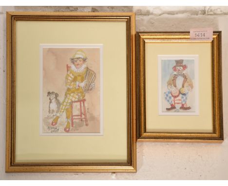 John Uht (1924-2010) - A pair of British 20th Century Watercolour sketches depicting seated clowns. Entitled 'Harpo and Bozo'