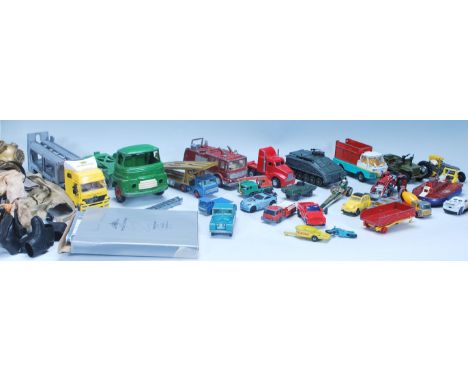 A box of vintage 20th Century toys to include diecast vehicles to include Matchbox, Tri-ang, Corgi etc. along with an action 