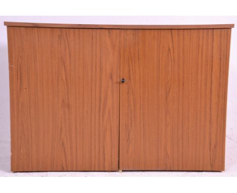 A 20th Century vintage 1970's formica cube desk / filing cabinet having twin deep folding cupboard doors with shelving units 