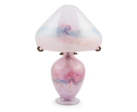 JOHN MONCRIEFF LTD., PERTH 'MONART' TABLE LAMP AND SHADE, CIRCA 1930 mottled pink and blue glass with aventurine inclusions, 