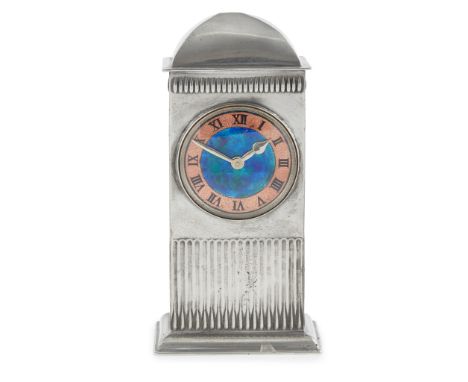 LIBERTY &amp; CO., LONDON 'TUDRIC' MANTEL CLOCK, CIRCA 1905 pewter, with copper and enamel dial, stamped maker's marks TUDRIC