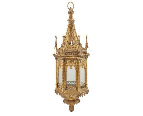 ENGLISH SCHOOL GOTHIC REVIVAL HALL LANTERN, CIRCA 1890&nbsp;pressed gilt metal, with some cast elements(77cm high, 21.5cm dia