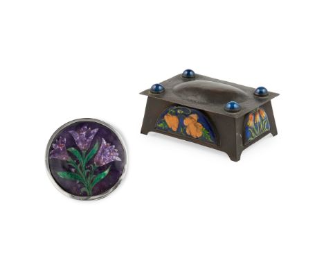 ATTRIBUTED TO NELSON DAWSON ARTS &amp; CRAFTS  JEWELLERY BOX, CIRCA 1900 copper and enamel, set with four blue cabochons, wit