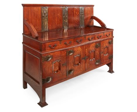 EDGAR WOOD (1860-1935) ARTS &amp; CRAFTS OAK SIDEBOARD, CIRCA 1896-8 oak, with patinated brass fittings(156cm wide, 134cm hig