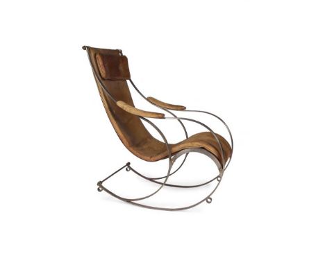 AFTER R. W. WINFIELD &amp; CO., BIRMINGHAM ROCKING CHAIR, CIRCA 1850 wrought steel, with wood slats and leather upholstery(62