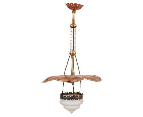 W.A.S. BENSON (1854-1924) AND JAMES POWELL &amp; SONS, WHITEFRIARS ARTS &amp; CRAFTS CEILING LIGHT, CIRCA copper, brass and c