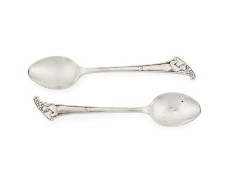 ATTRIBUTED TO KATE HARRIS FOR WILLIAM HUTTON &amp; SONS PAIR OF FIGURAL TEASPOONS, SHEFFIELD 1912 silver, stamped maker’s mar