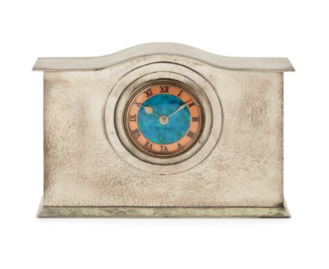 LIBERTY &amp; CO., LONDON MANTEL CLOCK, CIRCA 1920 hammered pewter with copper and enamel dial, stamped to base ENGLISH PEWTE