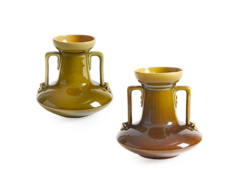 CHRISTOPHER DRESSER (1868-1904) FOR LINTHORPE ART POTTERY TWO TWIN-HANDLED VASES, CIRCA 1880 glazed earthenware, each with im