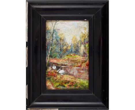 MANNER OF CHARLES FLEETWOOD VARLEY ARTS &amp; CRAFTS PANEL, CIRCA 1905 enamel, within ebonised frame, 13cm x 8cm; together wi