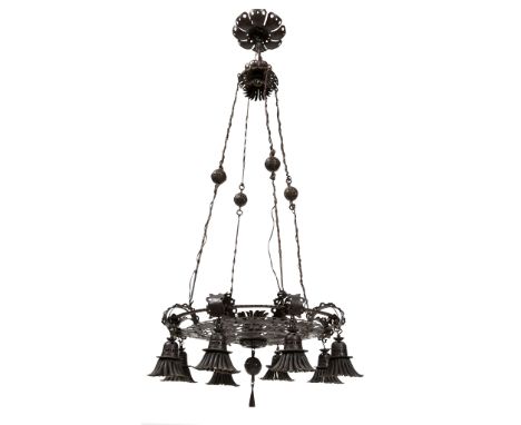 ALESSANDRO MAZZUCOTELLI (1865- 1938) LARGE CEILING LIGHT, CIRCA 1910 wrought iron, stamped maker's mark to the frame MAZZUCOT