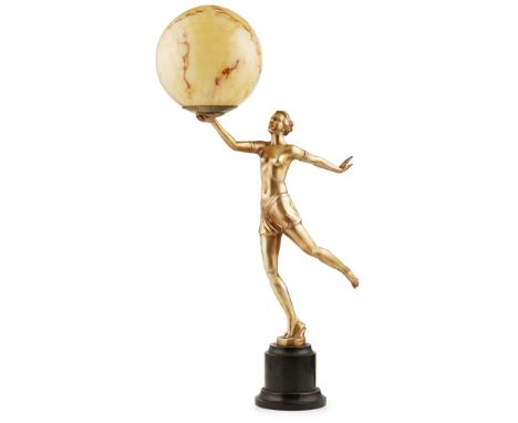 ENGLISH SCHOOL ART DECO TABLE LAMP, CIRCA 1930 cast and patinated spelter with glass shade and turned marble plinth(69.5cm hi