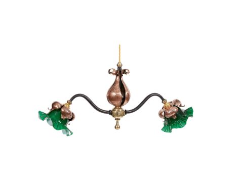 ENGLISH SCHOOL ARTS &amp; CRAFTS  CEILING LIGHT, CIRCA 1900 copper and wrought iron, with two associated cased glass period s