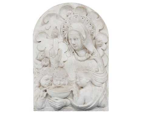 ATTRIBUTED TO CECILE WALTON OUR LADY OF FATIMA carved stone, depicting the Virgin with the three shepherd children(66cm x 45c