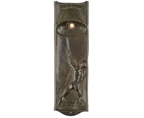 ENGLISH SCHOOL BELL PUSH, DATED 1896 cast and patinated bronze, bearing initials SP/ 1896(18cm high, 5.5cm wide)