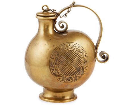 CHRISTOPHER DRESSER (1834-1904) FOR BENHAM &amp; FROUD, LONDON FLASK &amp; COVER, CIRCA 1885 brass, with opposed repoussé dec