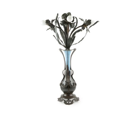 CONTINENTAL SCHOOL ART NOUVEAU TABLE LAMP, CIRCA 1910 bronze and patinated spelter, with a glazed pottery base mounted base(7