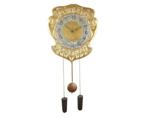 SCOTTISH SCHOOL ARTS AND CRAFTS WALL CLOCK, CIRCA 1900 brass and pewter, repoussé-decorated and bearing inscription I MARK TI