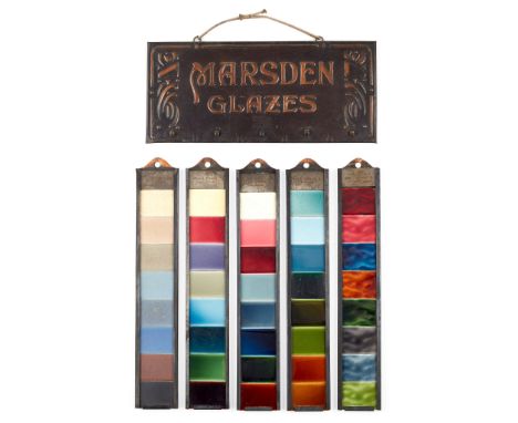 MARSDEN TILE COMPANY, BURSLEM TRADE SAMPLES FOR GLAZES, CIRCA 1900 patinated copper, suspending five glaze samples of each wi