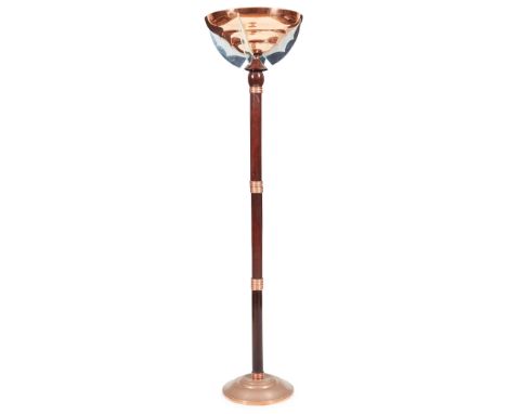 ATTRIBUTED TO HENRI PETITOT ART DECO FLOOR LAMP, CIRCA 1930 stained walnut, copper with etched glass(179cm high (including sh