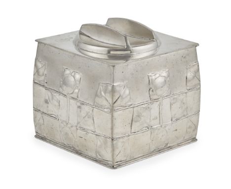 ARCHIBALD KNOX (1864-1933) FOR LIBERTY &amp; CO., LONDON 'TUDRIC' TEA CADDY AND COVER, CIRCA 1905 pewter, stamped maker's mar
