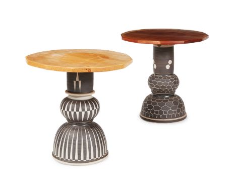 UNKNOWN MAKER MATCHED PAIR OF OCCASIONAL TABLES, CONTEMPORARY wood and ceramic, incised marks A88 and A8* to the other(45cm d