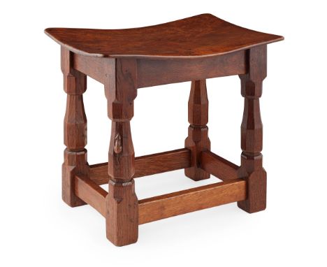 ROBERT 'MOUSEMAN' THOMPSON (1876-1955) STOOL, CIRCA 1940S oak, with rectangular dished burr seat and carved mouse signature(4