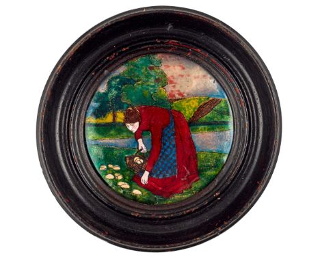 ENGLISH SCHOOL ARTS &amp; CRAFTS ROUNDEL, CIRCA 1900 enamel, depicting a girl picking flowers(6.5cm diameter)