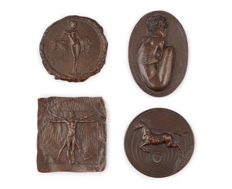 ENZO PLAZZOTTA (1921-1981)   GROUP OF FOUR PLAQUES, CIRCA 1980 bronze, depicting JANE; 6cm diameter; CROUCHING GIRL, 7.5cm ac