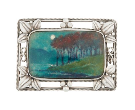 ATTRIBUTED TO FLEETWOOD VARLEY (1863-1942) RARE ARTS &amp; CRAFTS PLAQUE BROOCH, CIRCA 1900 white metal and enamel(5cm x 3.5c