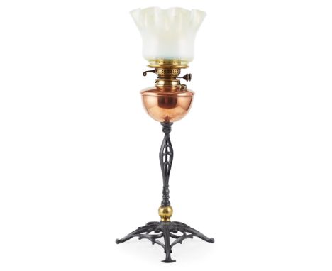 W. A. S. BENSON (1854-1924) ARTS &amp; CRAFTS  TABLE LAMP, CIRCA 1890 brass, copper and cast iron with frilled opalescent gla