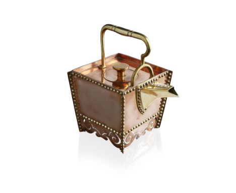 CHRISTOPHER DRESSER (1834-1904) FOR BENHAM &amp; FROUD, LONDON AESTHETIC MOVEMENT TEA KETTLE &amp; COVER, copper and brass, w