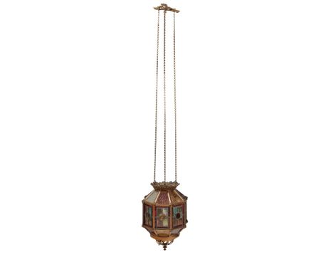 ENGLISH SCHOOL AESTHETIC MOVEMENT HALL LANTERN, CIRCA 1880 brass, with stained and leaded glass panels(total height 148cm, la