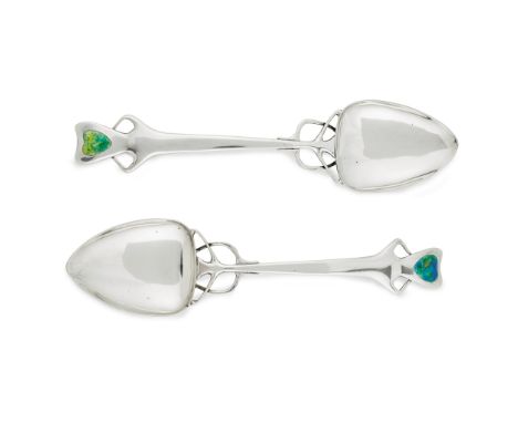 ATTRIBUTED TO OLIVER BAKER (1856-1939) FOR LIBERTY &amp; CO., LONDON RARE PAIR OF SPOONS, BIRMINGHAM silver and enamel, stamp